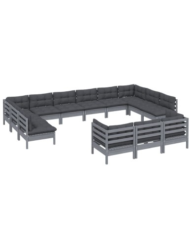 Salon de jardin 13 pcs avec coussins Gris Bois de pin