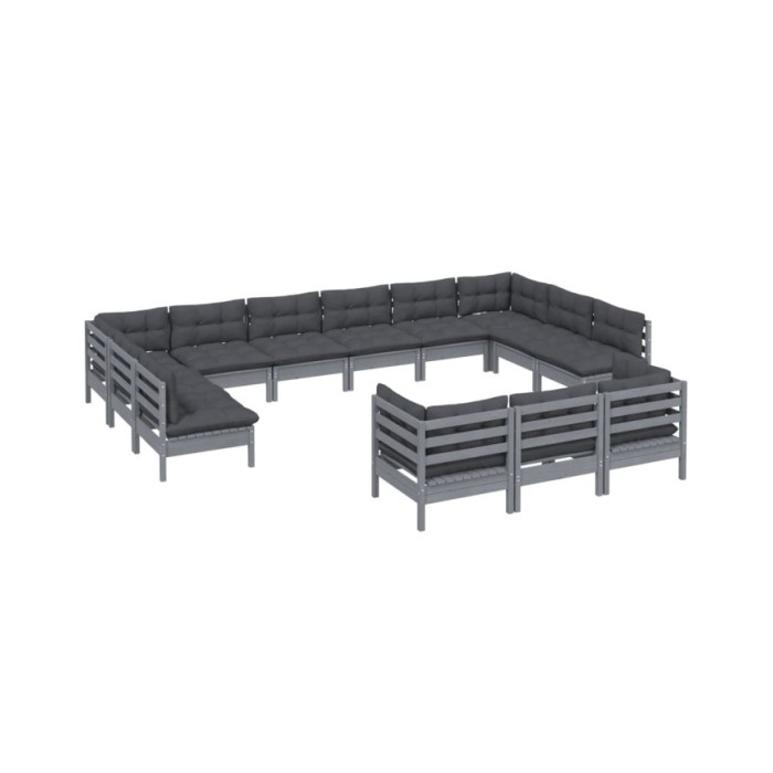 Salon de jardin 13 pcs avec coussins Gris Bois de pin