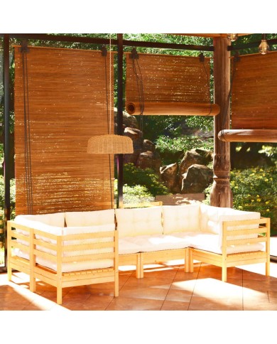 Salon de jardin 6 pcs avec coussins crème Bois de pin