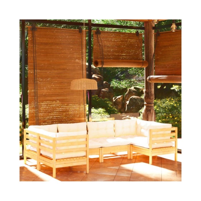 Salon de jardin 6 pcs avec coussins crème Bois de pin