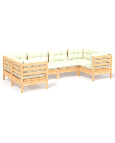 Salon de jardin 6 pcs avec coussins crème Bois de pin