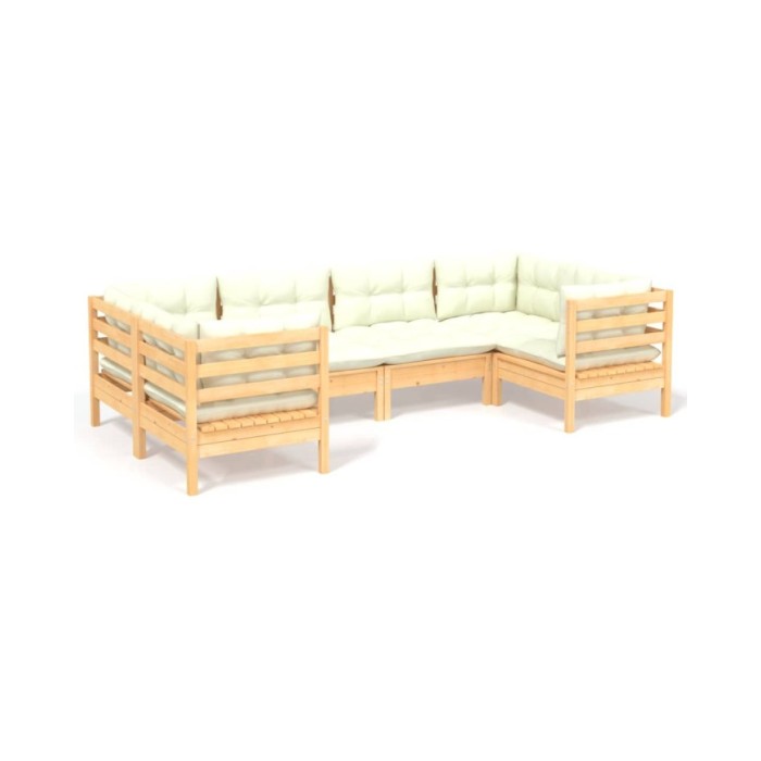 Salon de jardin 6 pcs avec coussins crème Bois de pin