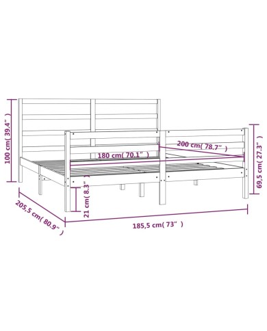 Cadre de lit Noir Bois de pin massif 180x200 cm Super King