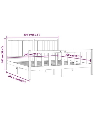 Cadre de lit Gris Bois massif 200x200 cm