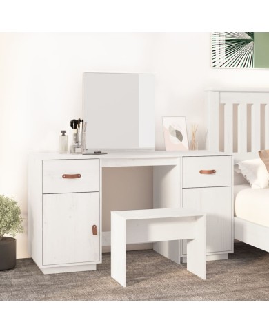 Ensemble de coiffeuse avec miroir Blanc Bois de pin solide