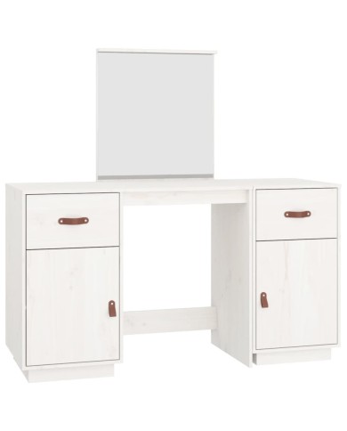 Ensemble de coiffeuse avec miroir Blanc Bois de pin solide