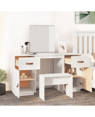Ensemble de coiffeuse avec miroir Blanc Bois de pin solide