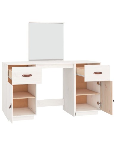 Ensemble de coiffeuse avec miroir Blanc Bois de pin solide