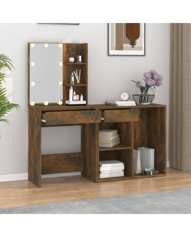 Coiffeuse à LED avec armoire Chêne fumé Bois d'ingénierie