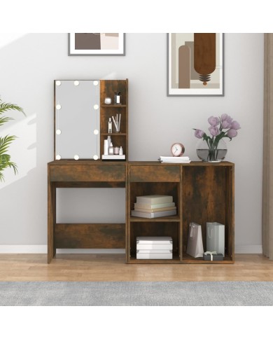 Coiffeuse à LED avec armoire Chêne fumé Bois d'ingénierie