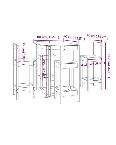 Ensemble de bar 5 pcs Marron miel Bois de pin massif