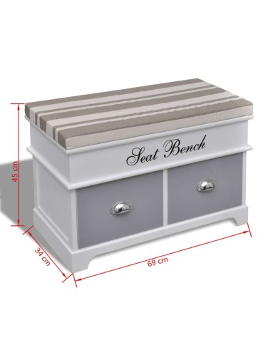 Banc d'entrée et de rangement avec coussin gris 2 tiroirs Blanc