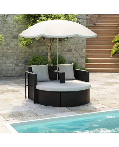 Lit de jardin avec parasol Noir Résine tressée