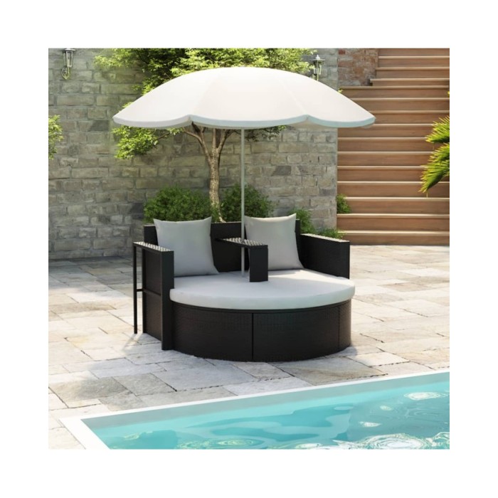 Lit de jardin avec parasol Noir Résine tressée