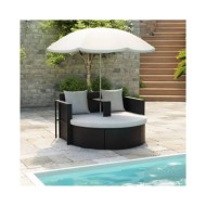 Lit de jardin avec parasol Noir Résine tressée