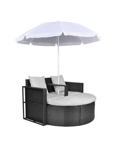 Lit de jardin avec parasol Noir Résine tressée