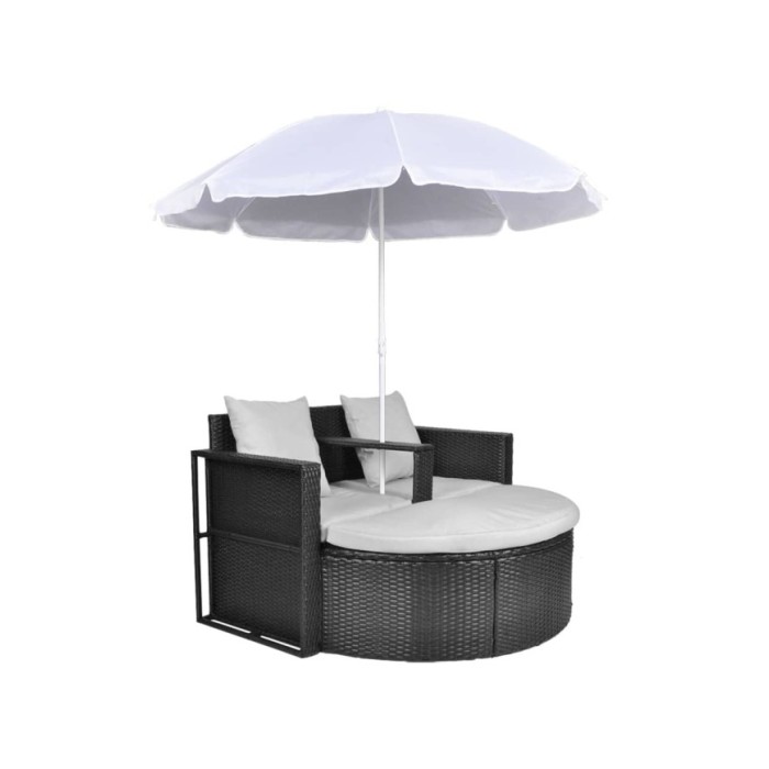 Lit de jardin avec parasol Noir Résine tressée
