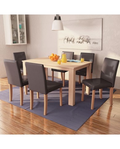 Table et chaises 7 pcs Cuir synthétique Chêne Marron