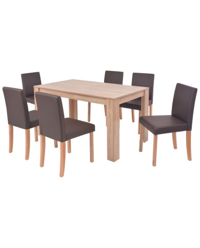 Table et chaises 7 pcs Cuir synthétique Chêne Marron