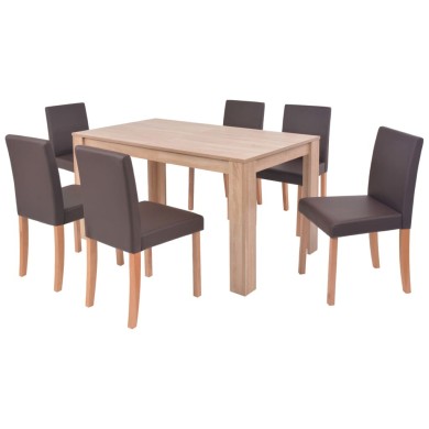 Table et chaises 7 pcs Cuir synthétique Chêne Marron