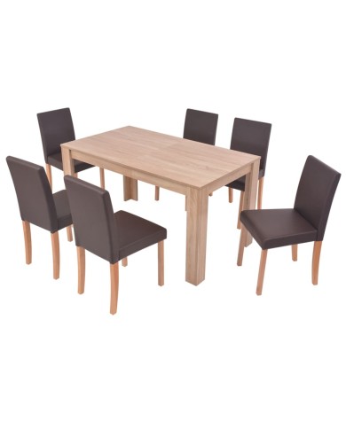 Table et chaises 7 pcs Cuir synthétique Chêne Marron