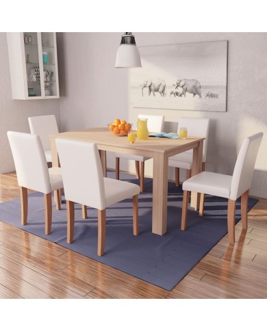Table et chaises 7 pcs Cuir synthétique Chêne Couleur crème