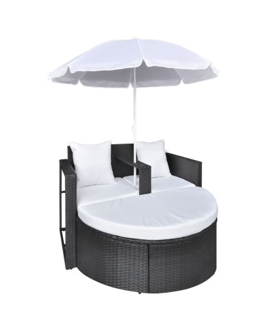 Lit de jardin avec parasol Noir Résine tressée