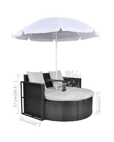 Lit de jardin avec parasol Noir Résine tressée