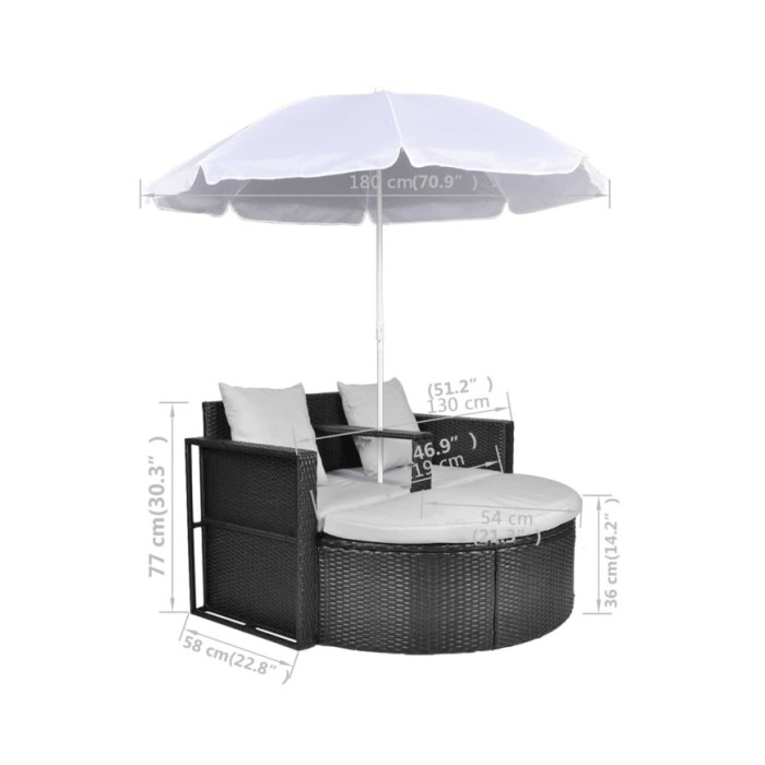 Lit de jardin avec parasol Noir Résine tressée
