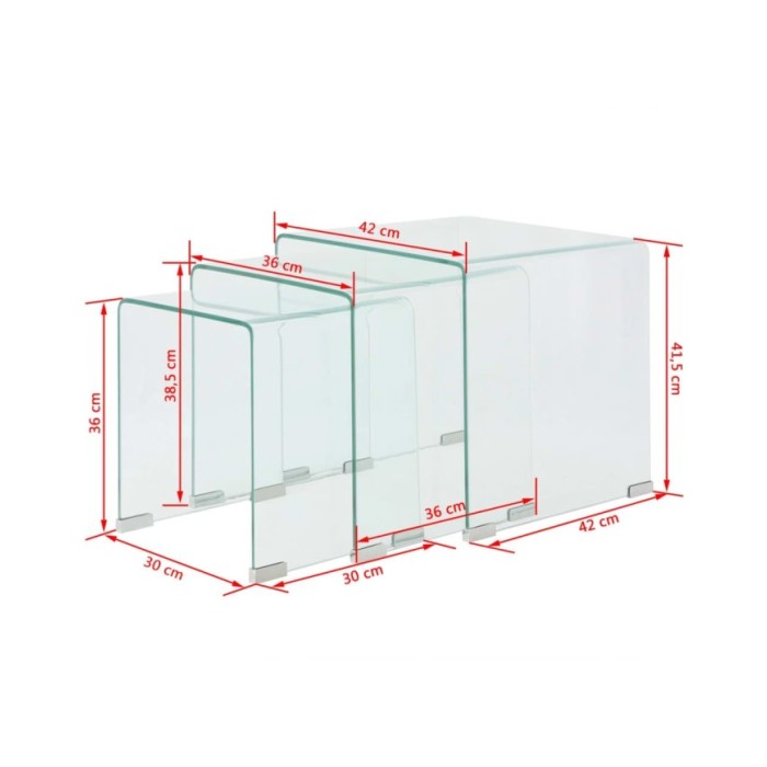 Ensemble de tables gigognes 3 Pièces Verre trempé Transparent