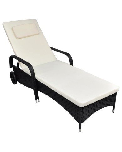 Chaise longue avec coussin et roues Résine tressée Noir