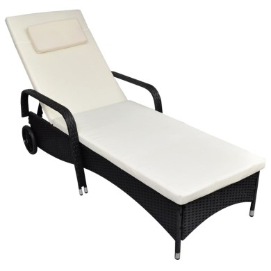 Chaise longue avec coussin et roues Résine tressée Noir