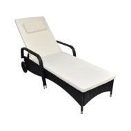 Chaise longue avec coussin et roues Résine tressée Noir