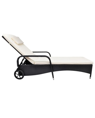 Chaise longue avec coussin et roues Résine tressée Noir