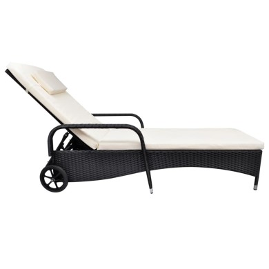 Chaise longue avec coussin et roues Résine tressée Noir