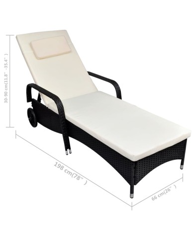Chaise longue avec coussin et roues Résine tressée Noir