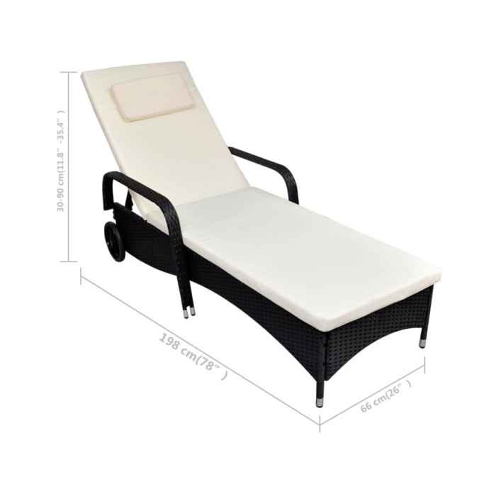 Chaise longue avec coussin et roues Résine tressée Noir