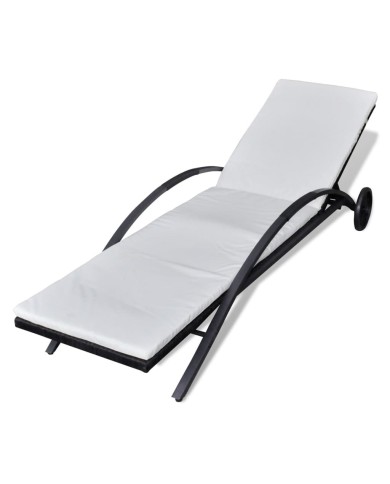 Chaise longue avec coussin et roues Résine tressée Noir