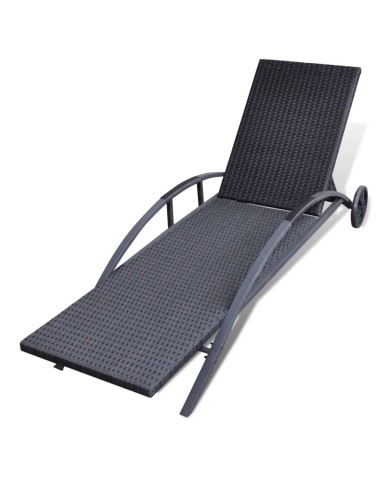 Chaise longue avec coussin et roues Résine tressée Noir