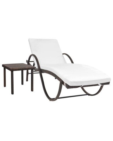 Chaise longue avec coussin et table Résine tressée Marron