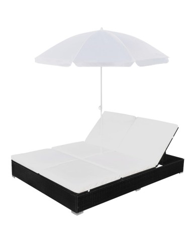 Chaise longue d'extérieur avec parasol Résine tressée Noir