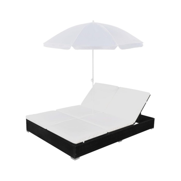 Chaise longue d'extérieur avec parasol Résine tressée Noir