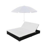 Chaise longue d'extérieur avec parasol Résine tressée Noir