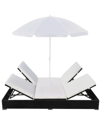 Chaise longue d'extérieur avec parasol Résine tressée Noir