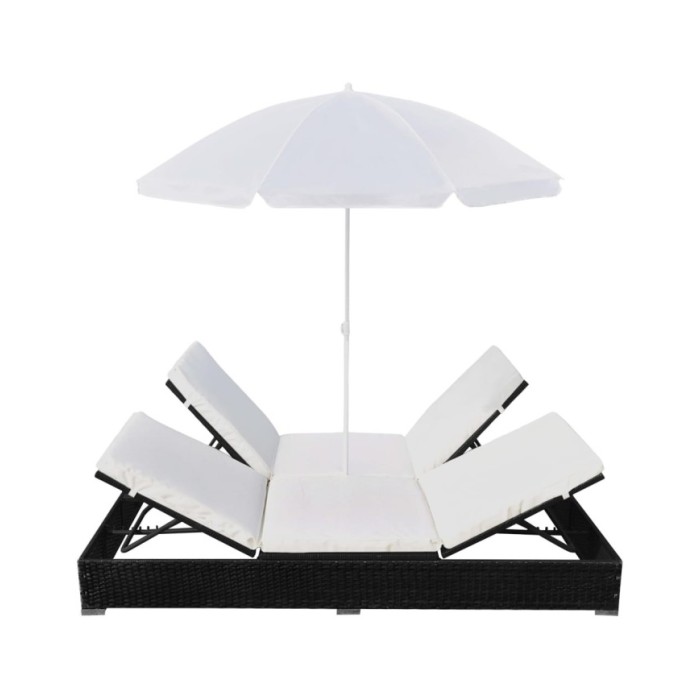Chaise longue d'extérieur avec parasol Résine tressée Noir