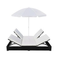 Chaise longue d'extérieur avec parasol Résine tressée Noir