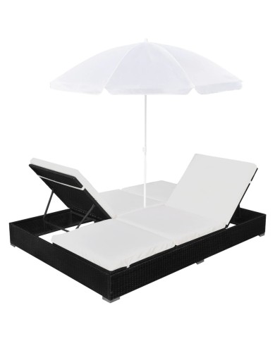 Chaise longue d'extérieur avec parasol Résine tressée Noir