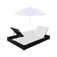 Chaise longue d'extérieur avec parasol Résine tressée Noir