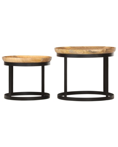Tables d'appoint rondes 2 pcs Bois de manguier solide et acier