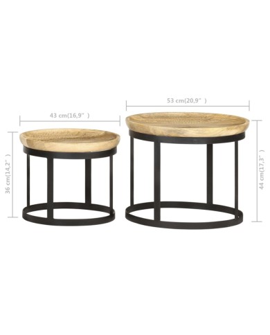 Tables d'appoint rondes 2 pcs Bois de manguier solide et acier